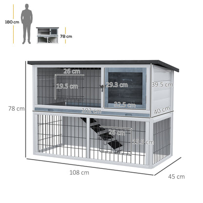 PawHut 2-Tier Wooden Rabbit Hutch Guinea Pig House Bunny Cage Backyard w/ Ramp Outdoor Run Built-in Tray Openable Roof Small Animal House Grey