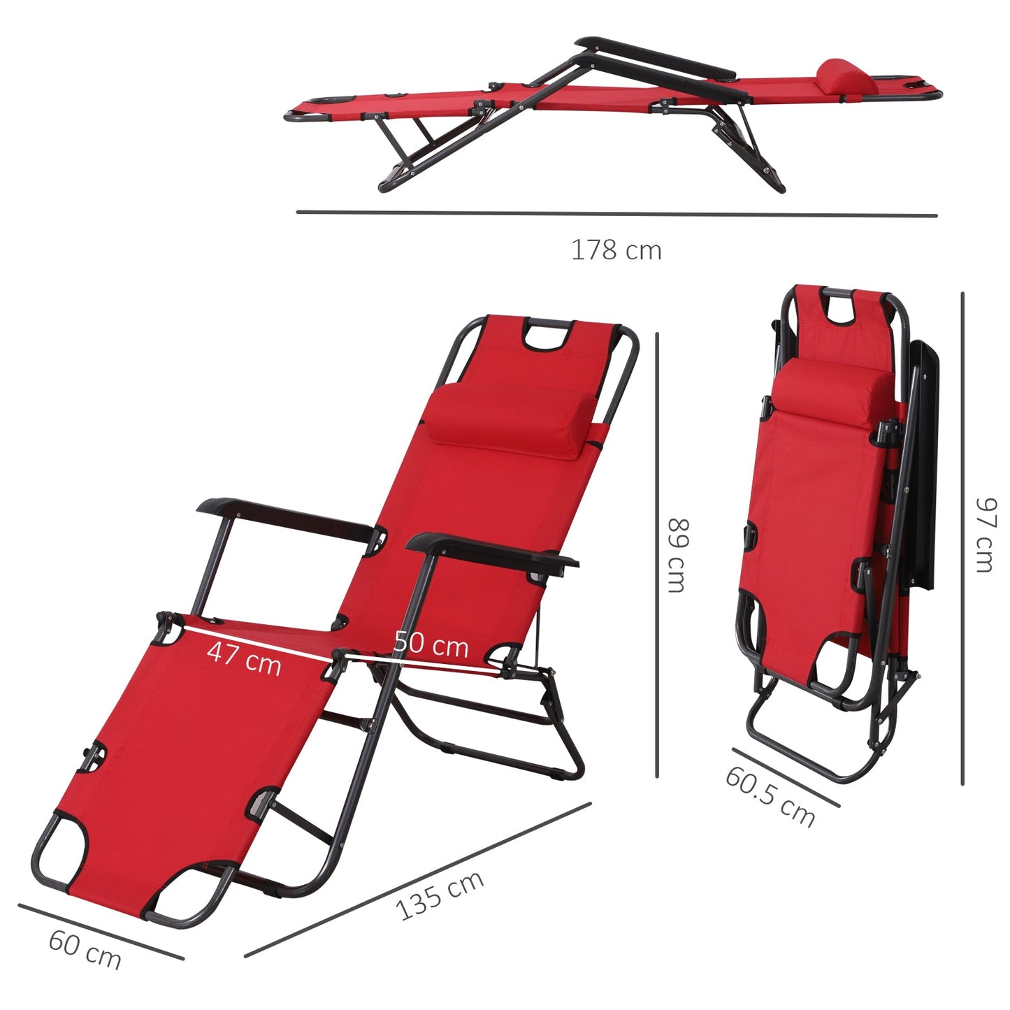 2 in 1 Sun Lounger Folding Reclining Chair Garden Outdoor Camping Adjustable Back with Pillow Red