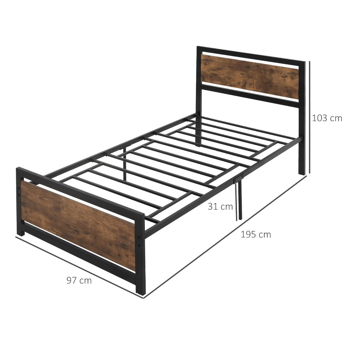 Single Metal Bed Frame Slat Support Bedstead Base w/ Headboard & Footboard