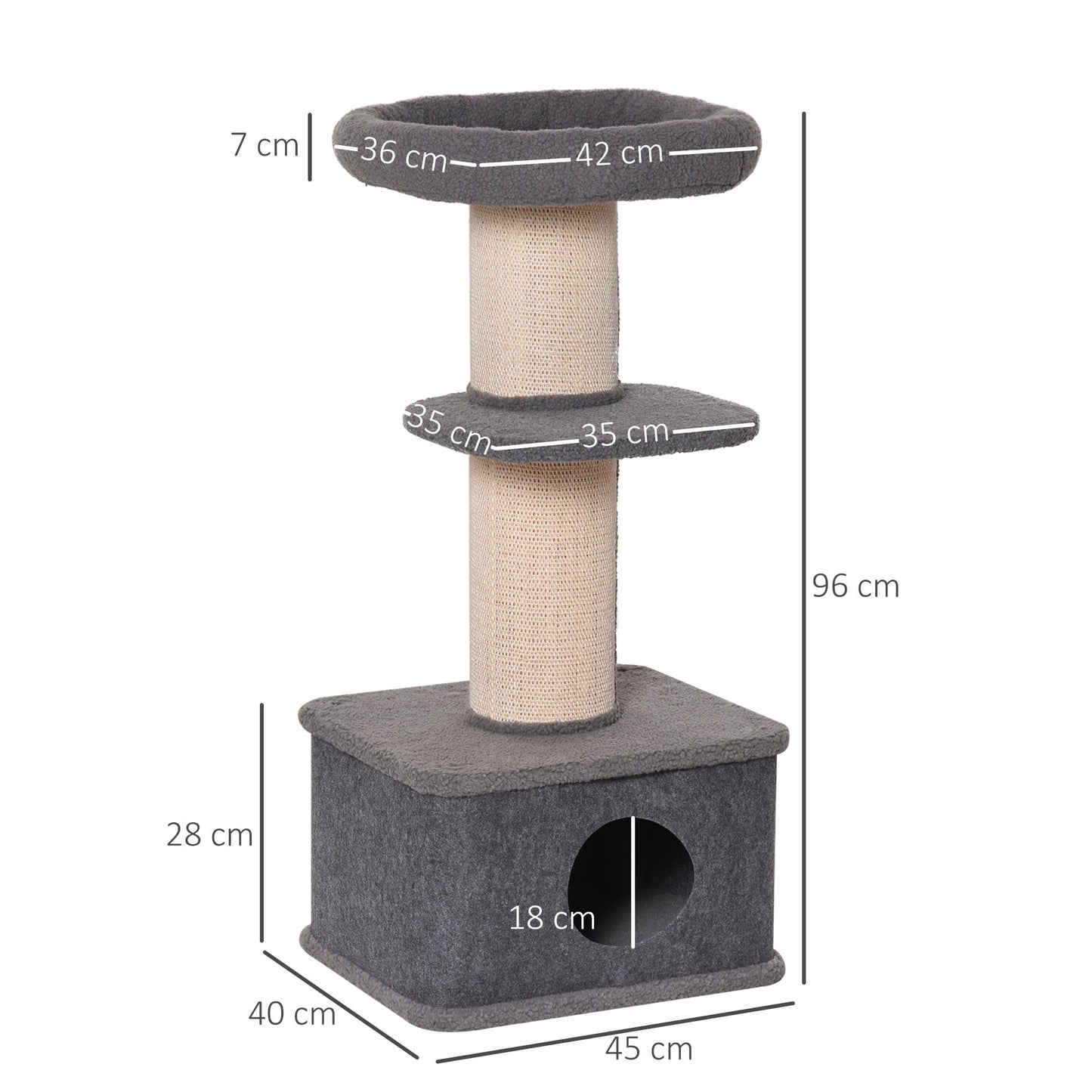 PawHut 96cm Cat Tree for Indoor Cats Kitten Tower Multi level Activity Center Pet Furniture with Sisal Scratching Post Condo Removable Cover Grey