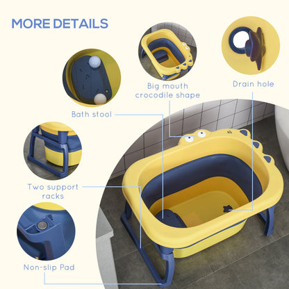 Baby Bath Tub for 0-6 Years Collapsible Non-Slip Portable with Stool Seat for Newborns Infants Toddlers Kids Crocodile Shape Yellow