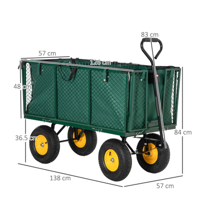 Large 4 Wheel Heavy Duty Garden Cart Truck Trolley Wheelbarrow with Handle and Metal Frame - Green