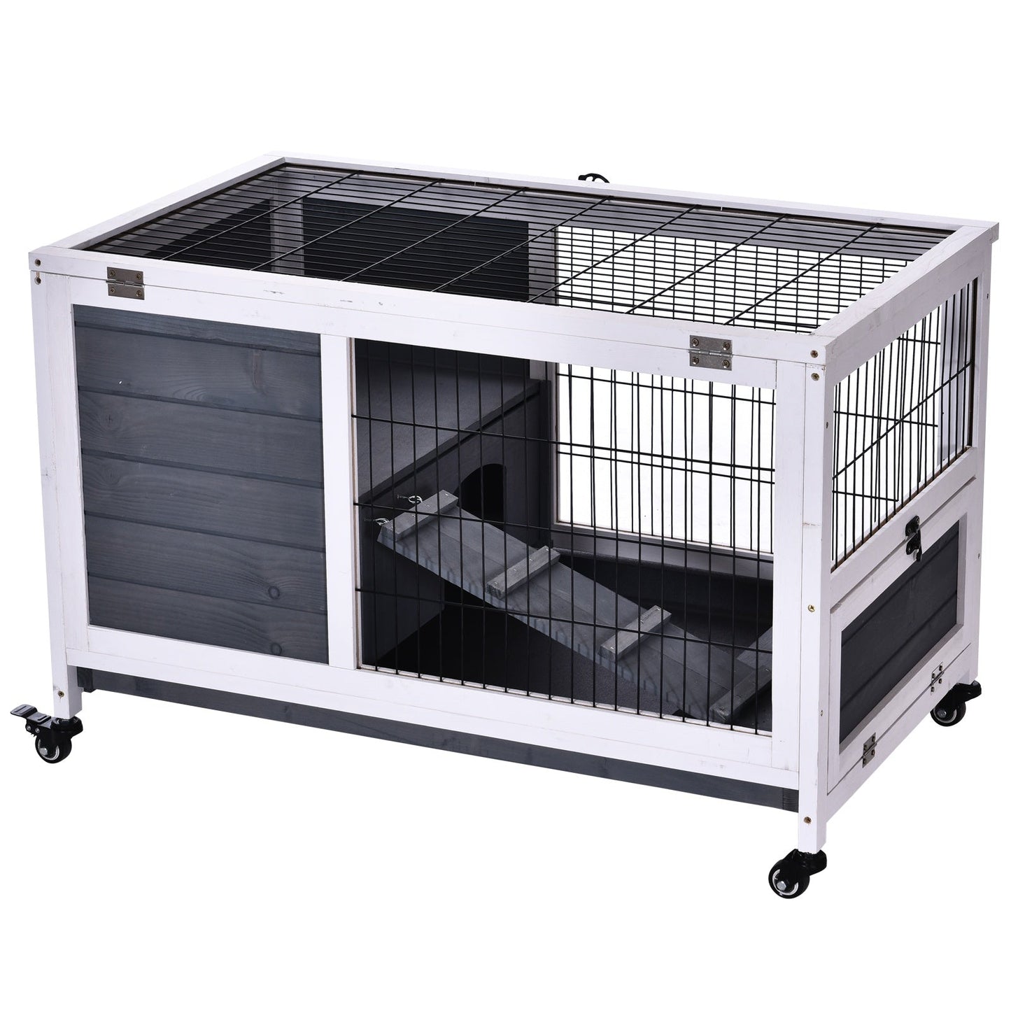 PawHut Rabbits Indoor Fir Wood Lift-Top Hutch-Grey and White