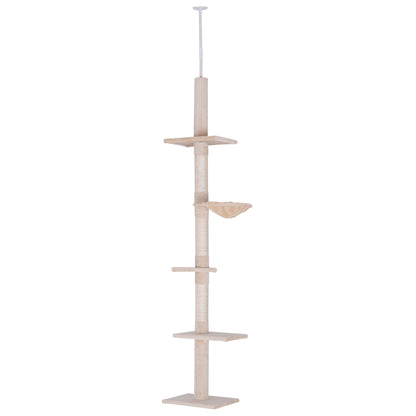 PawHut Floor to Ceiling Cat Tree for Indoor Cats 5-Tier Kitty Tower Climbing Activity Center Scratching Post Adjustable Height 230-260 cm Beige