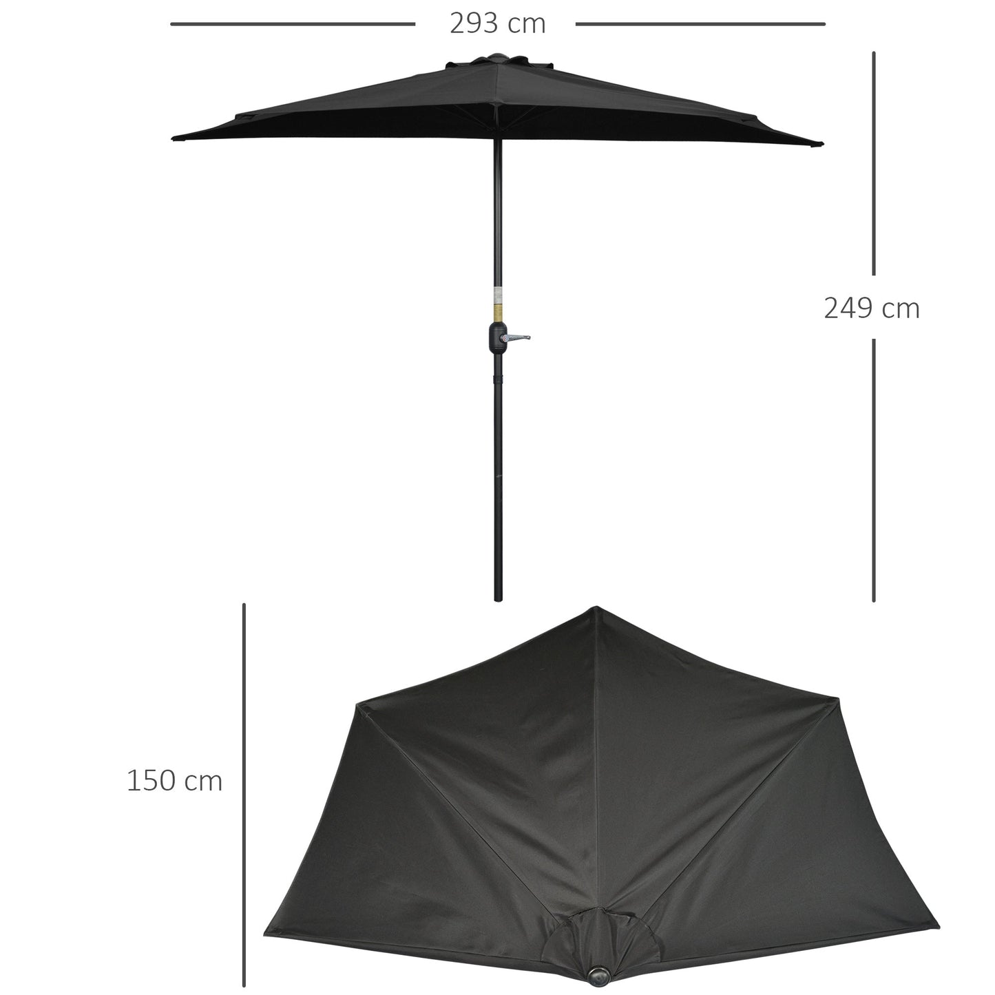 Outsunny 3(m) Half Parasol Semi Round Umbrella Patio Metal Frame Crank Handle for Balcony-- NO BASE INCLUDED