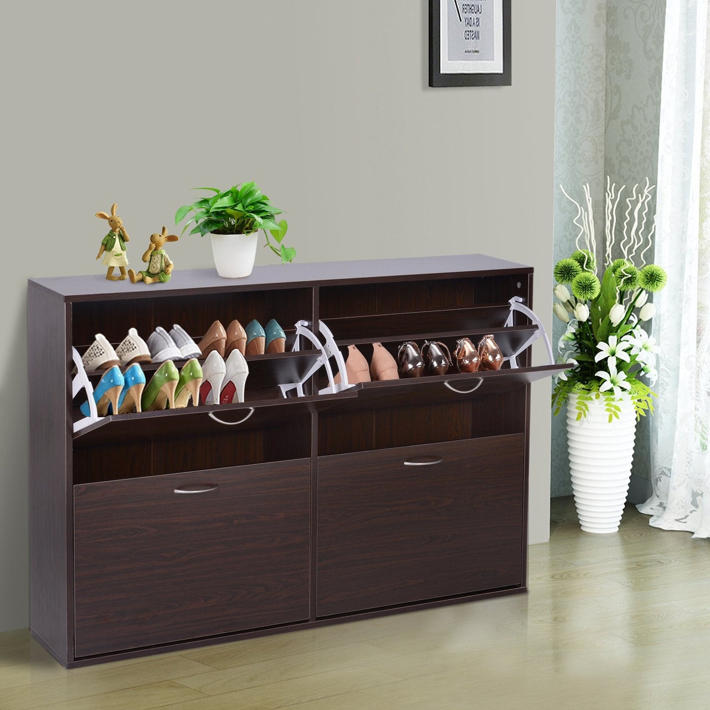 Wooden Modern Design 4 Drawer Shoes Cabinet Pull Down Shelf Storage Organiser Entrance Hallway Furniture - Dark Brown