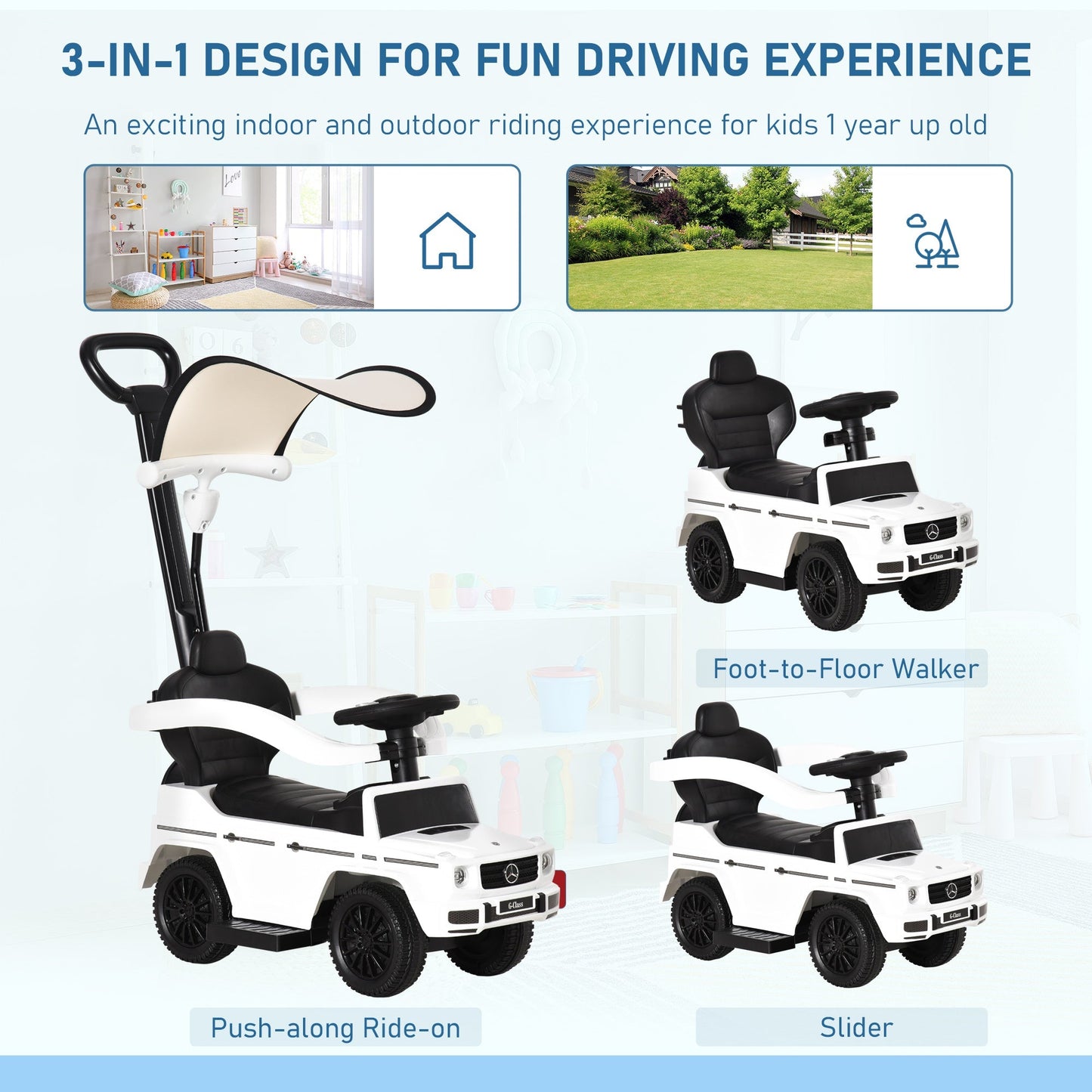 3 in 1 Kids Children Ride on Push Car Toddler Sliding Car G350 Licensed Walker Foot to Floor Slider Push-Along with Horn Steering Wheel NO POWER Manual