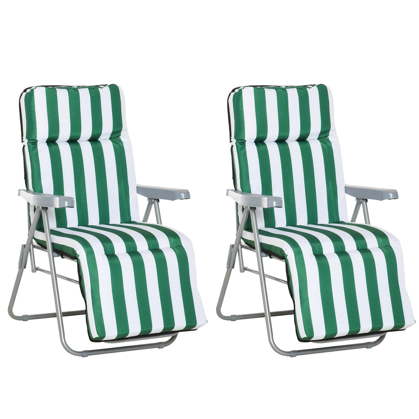 Set of 2 Garden Patio Outdoor Sun Recliners Loungers Folding Foldable Multi Position Relaxers Chairs with Cushions Fire Retardant Sponge Green White