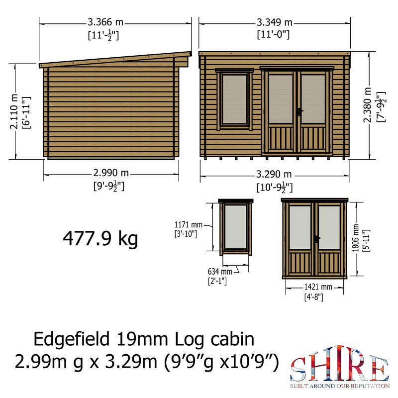 Shire Edgefield 10' 9" x 9' 9" Pent Log Cabin - Premium 19mm Cladding Log Clad