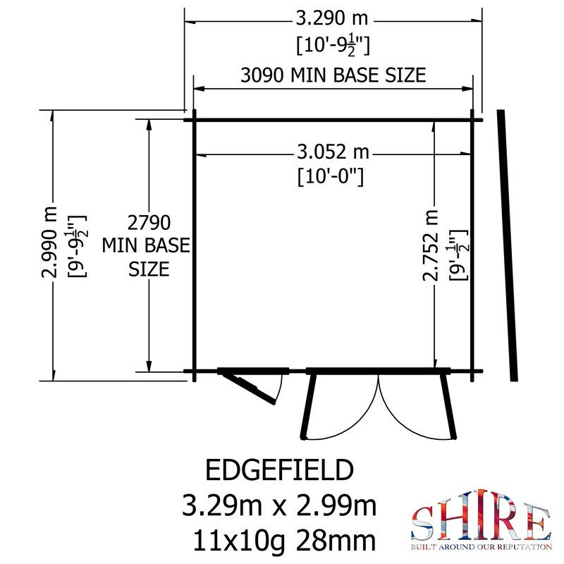 Shire Edgefield 10' 9" x 9' 9" Pent Log Cabin - Premium 19mm Cladding Log Clad