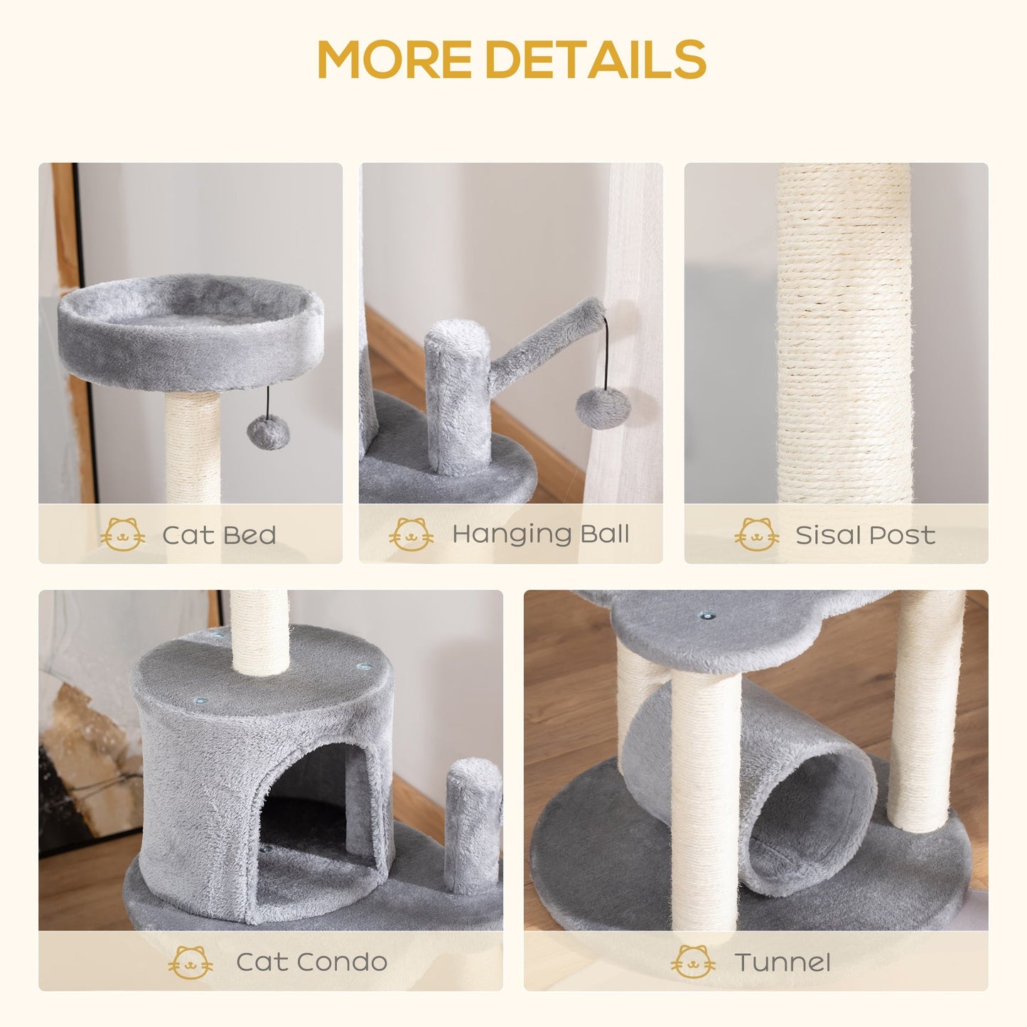 PawHut Cat Tree Tower for Indoor Cats Climbing Activity Center Kitten Furniture with Jute Scratching Post Bed Tunnel Perch Hanging Balls Grey