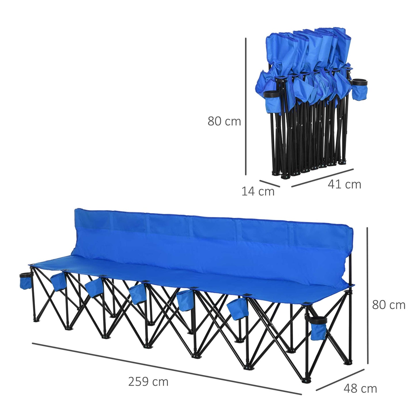 Football 6 Seater Folding Sports Bench Outdoor Picnic Camping Portable Spectator Chair Steel Frame w/ Cup Holder & Carry Bag - Blue