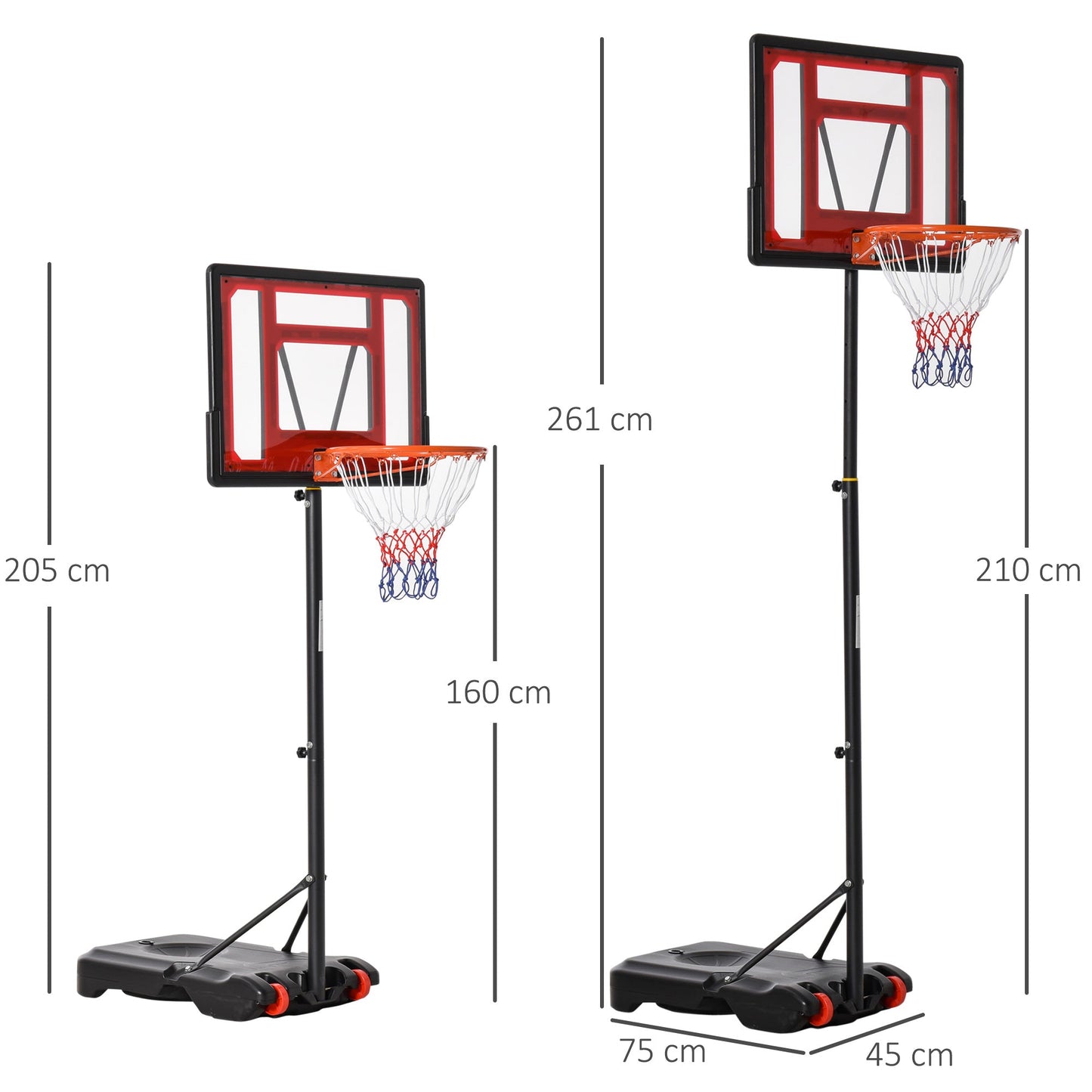 Homcom Portable Basketball Stand 160-210cm Adjustable Height Sturdy Rim Hoop Base Net