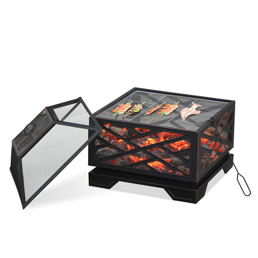 Metal Firepit Outdoor 2 in 1 Square Fire Pit Brazier w/ Grill Shelf