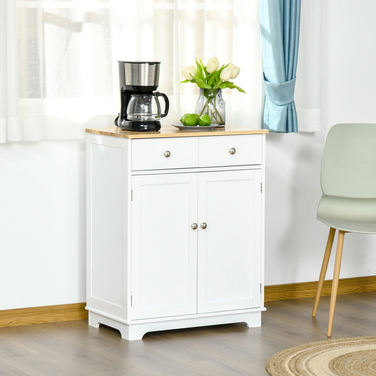 Kitchen Floor Cabinet Side Storage Cupboard Multi-use Sideboard Table with Solid Wood Top