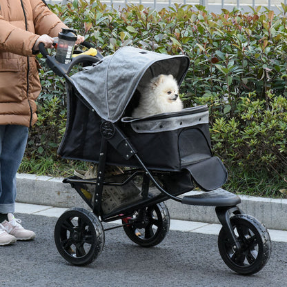 PawHut Folding 3 Wheel Pet Stroller Pushchair Travel w/ Adjustable Canopy Storage Brake Grey