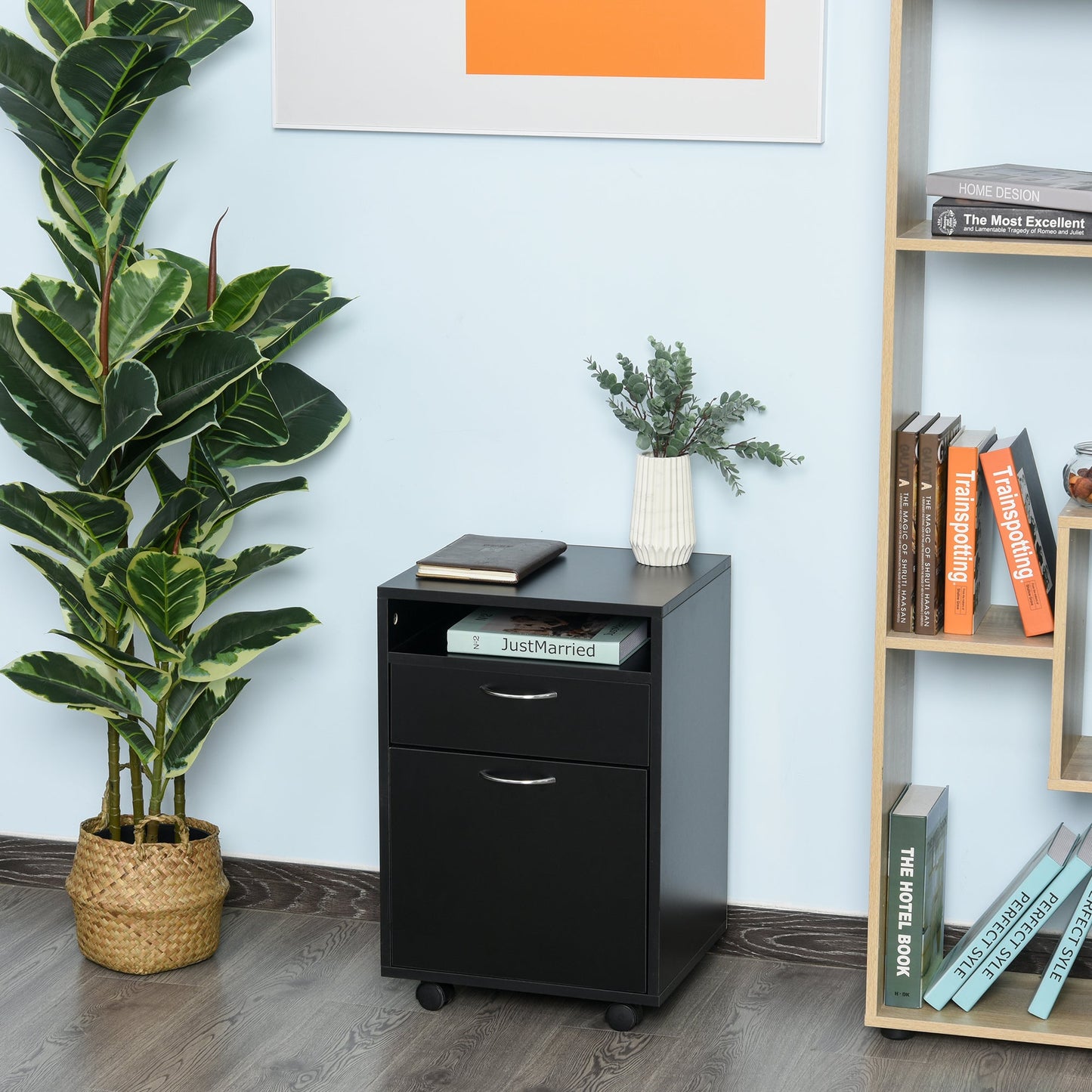 60cm Storage Cabinet w/ Drawer Open Shelf Metal Handles 4 Wheels Office Home Organiser Mobile Printer Black