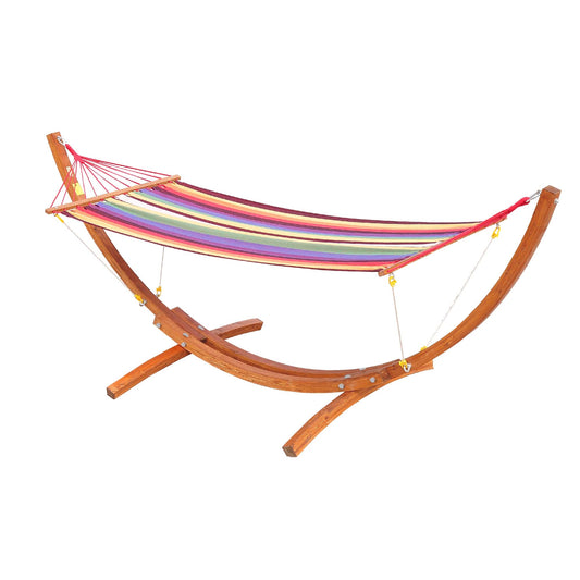 Garden Outdoor Patio Standing Frame Wooden Cotton Hammock with Arc Stand and Safe Ropes - Multi-Colour