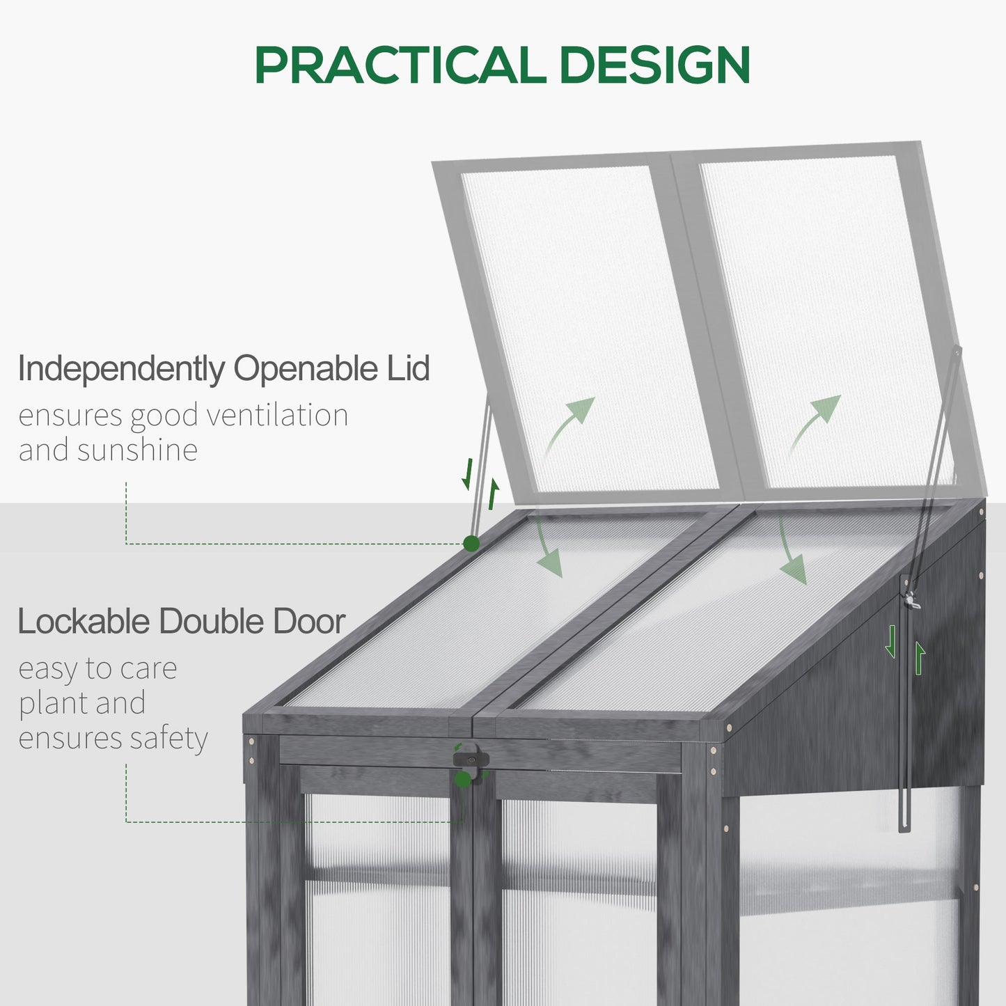 Wooden Cold Frame Polycarbonate Greenhouse with Openable Top Cover and Double Door