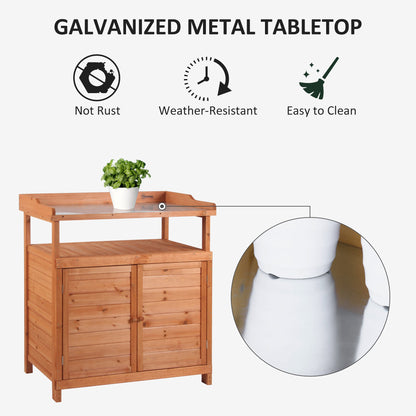 Multi-function Potting Bench Table w/ Storage Cabinet and Galvanized Table Top