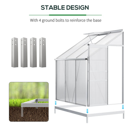 6 x 4ft Lean to Wall Polycarbonate Greenhouse Aluminium Walk-in Garden Greenhouse with Adjustable Roof Vent