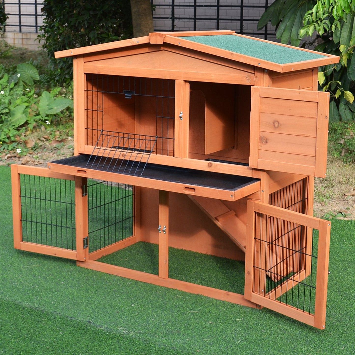 PawHut  2 Tier Outdoor Rabbit Small Animal Enclosure with Ramp Tray to Raised Home & Below Run Area