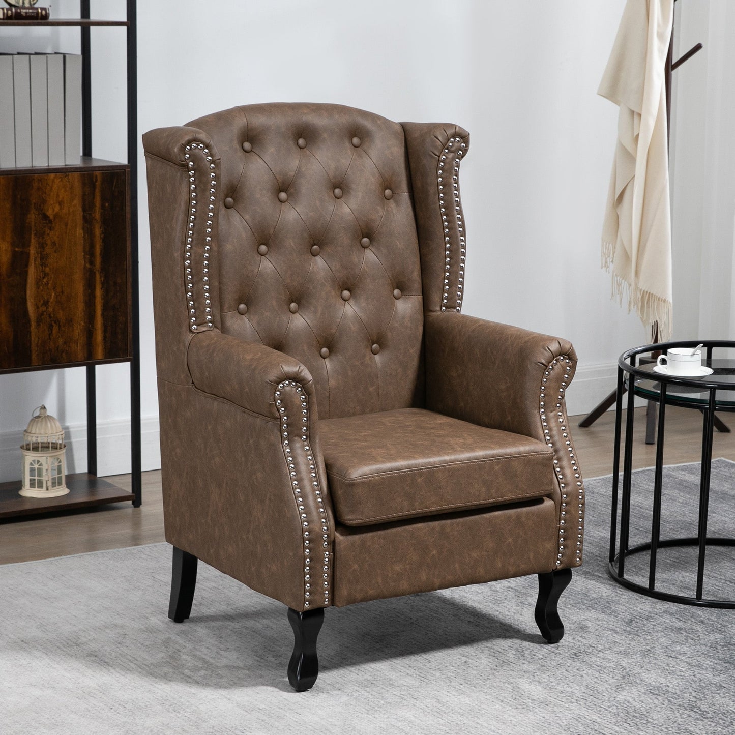 Wingback Accent Chair Tufted Chesterfield-style Armchair with Nail Head Trim for Living Room Bedroom Brown