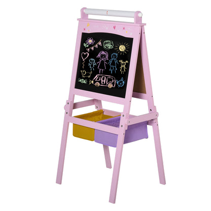 3 In 1 Kid's Wooden Art Easel with Dual-Sides and Storage Baskets