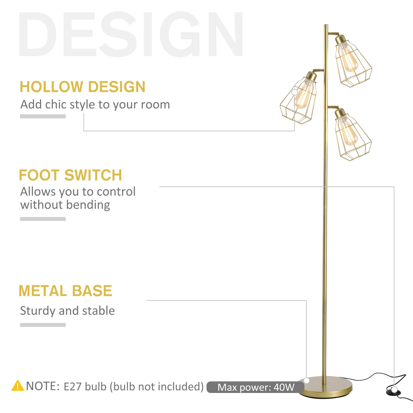 Steel Tri-Head Floor Lamp Gold