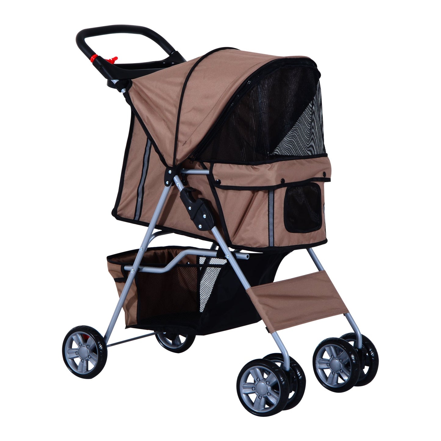 PawHut Oxford Cloth Foldable Dog Stroller Pushchair Pet Trolley w/ Zipper Entry-Brown/Silver