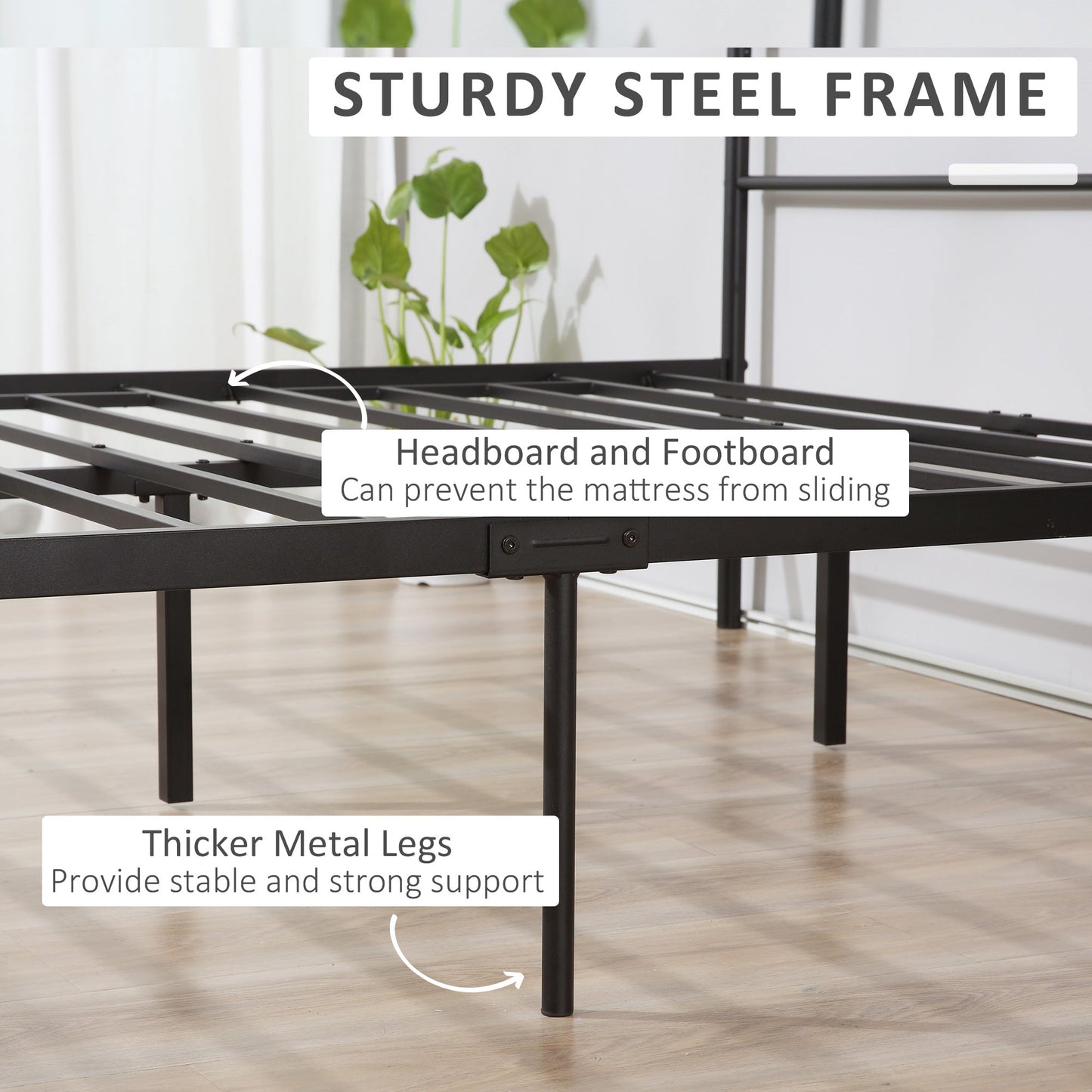 Double Metal Bed Frame Solid Bedstead Base with Headboard and Footboard