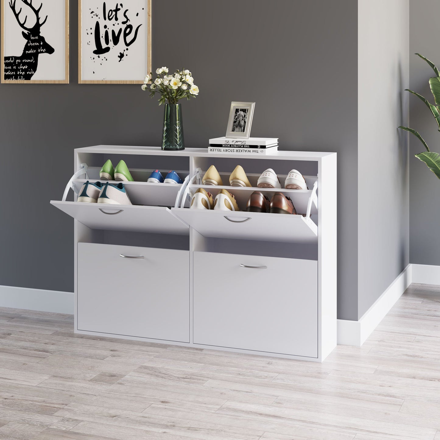 Wooden Modern Design 4 Drawer Shoes Cabinet Pull Down Shelf Storage Organiser - White