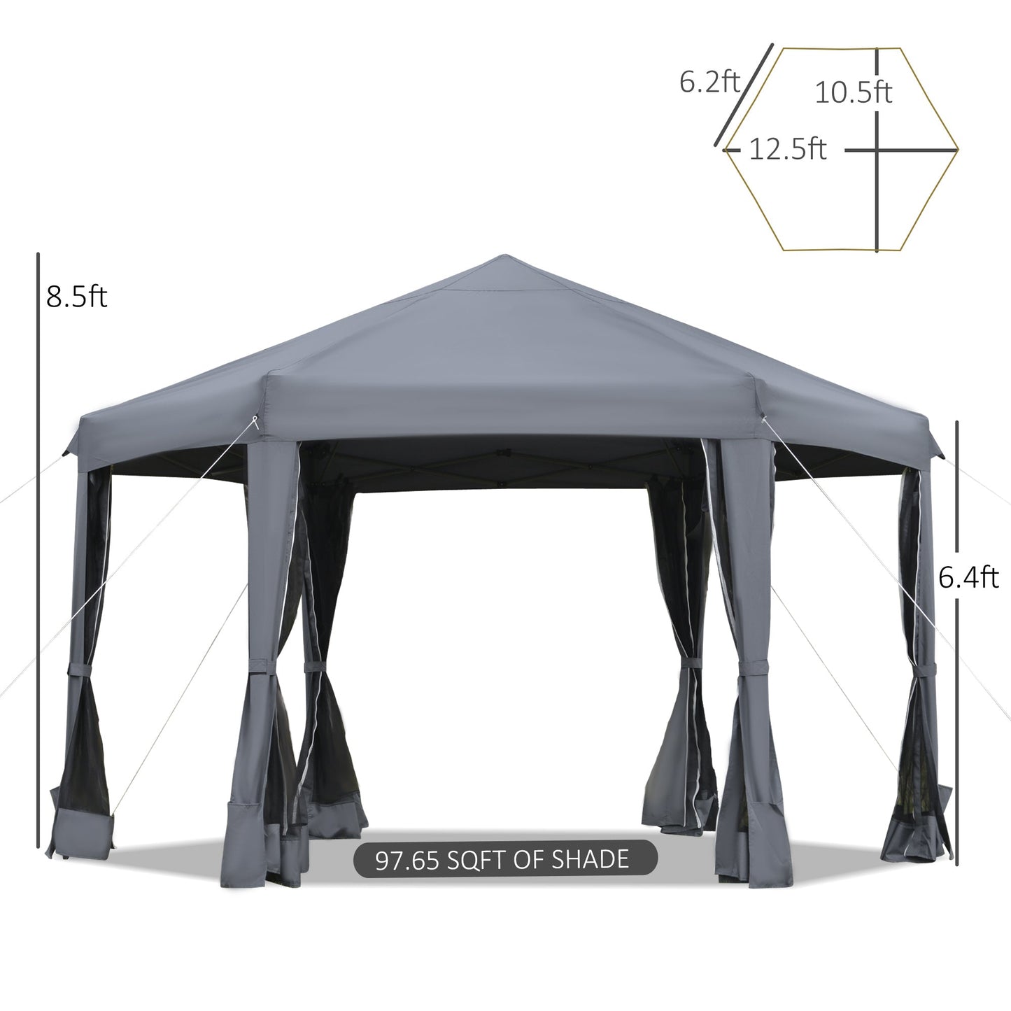 Outsunny 3.2M Pop Up Gazebo Hexagonal Canopy Tent Outdoor Sun Protection With Mesh Sidewalls Handy Bag Grey