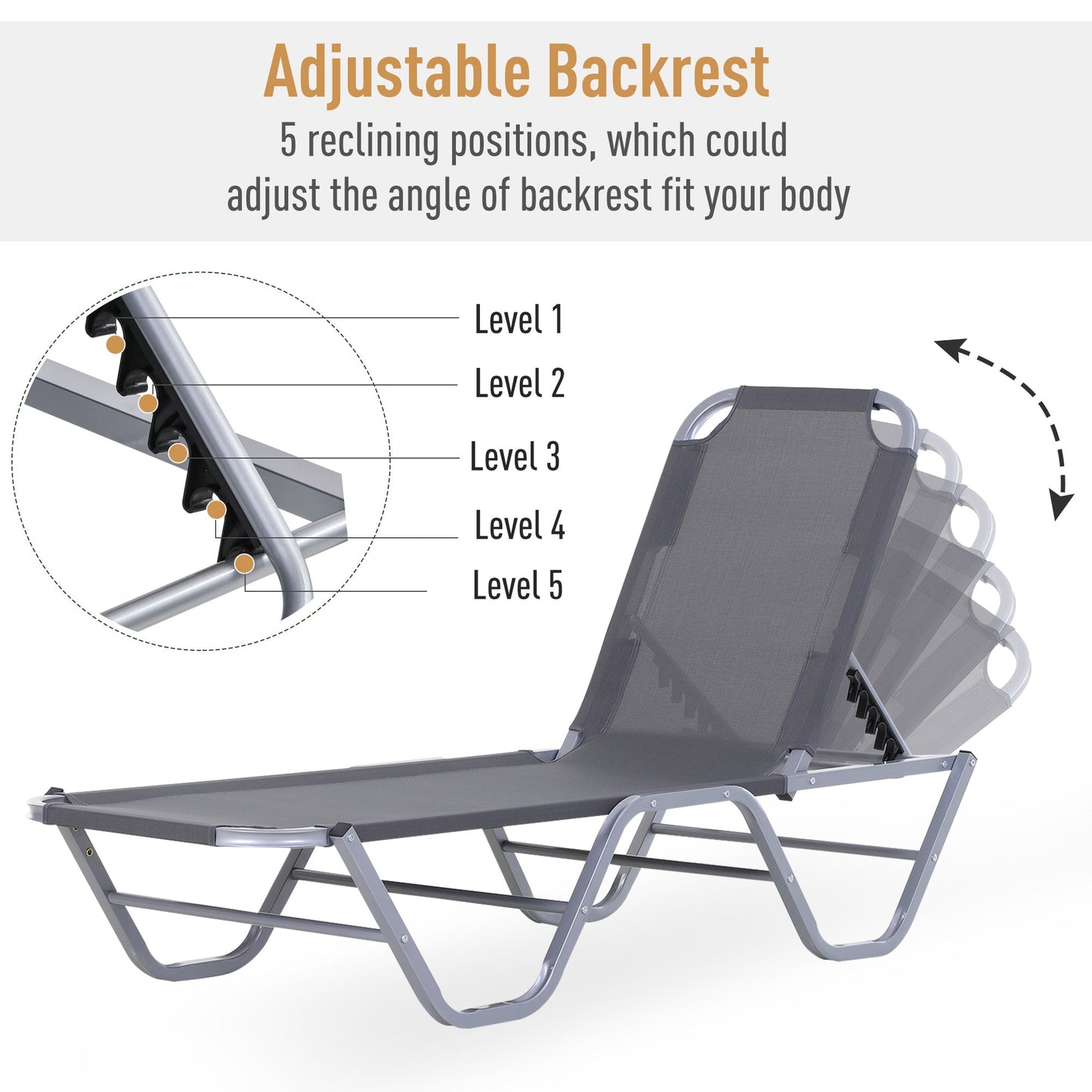 Sun Lounger Relaxer Recliner w/ 5-Position Adjustable Backrest Pool Sun Bathing