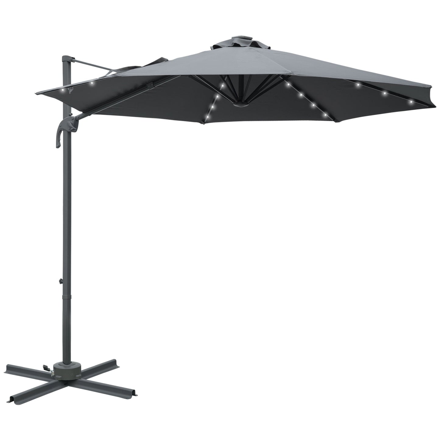 3M Cantilever Roma Parasol Patio Sun Umbrella with Crank & Tilt LED Solar Light Cross Base 360° Rotating Outdoor