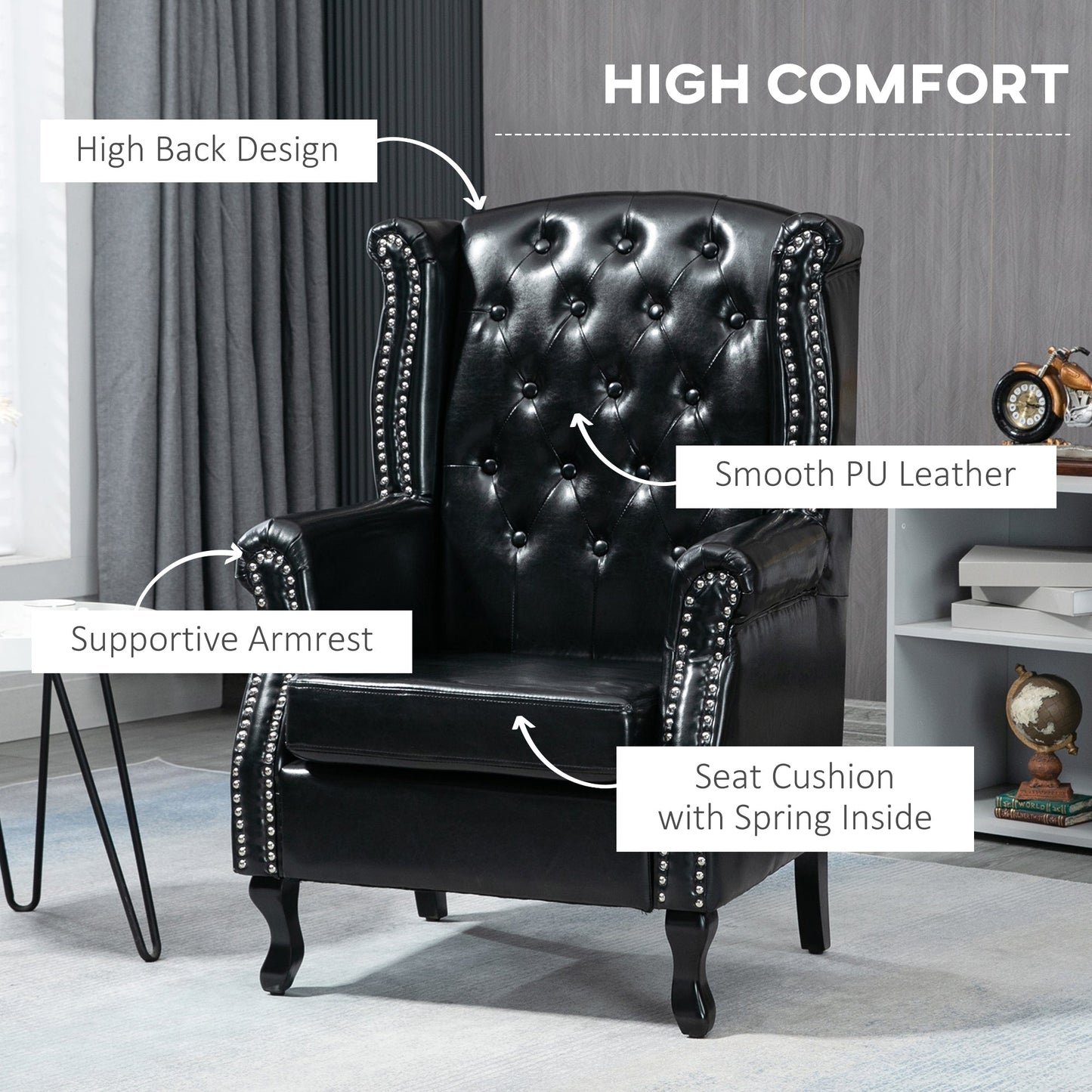 Wingback Accent Chair Tufted Chesterfield-style Armchair with Nail Head Trim for Living Room Bedroom Black