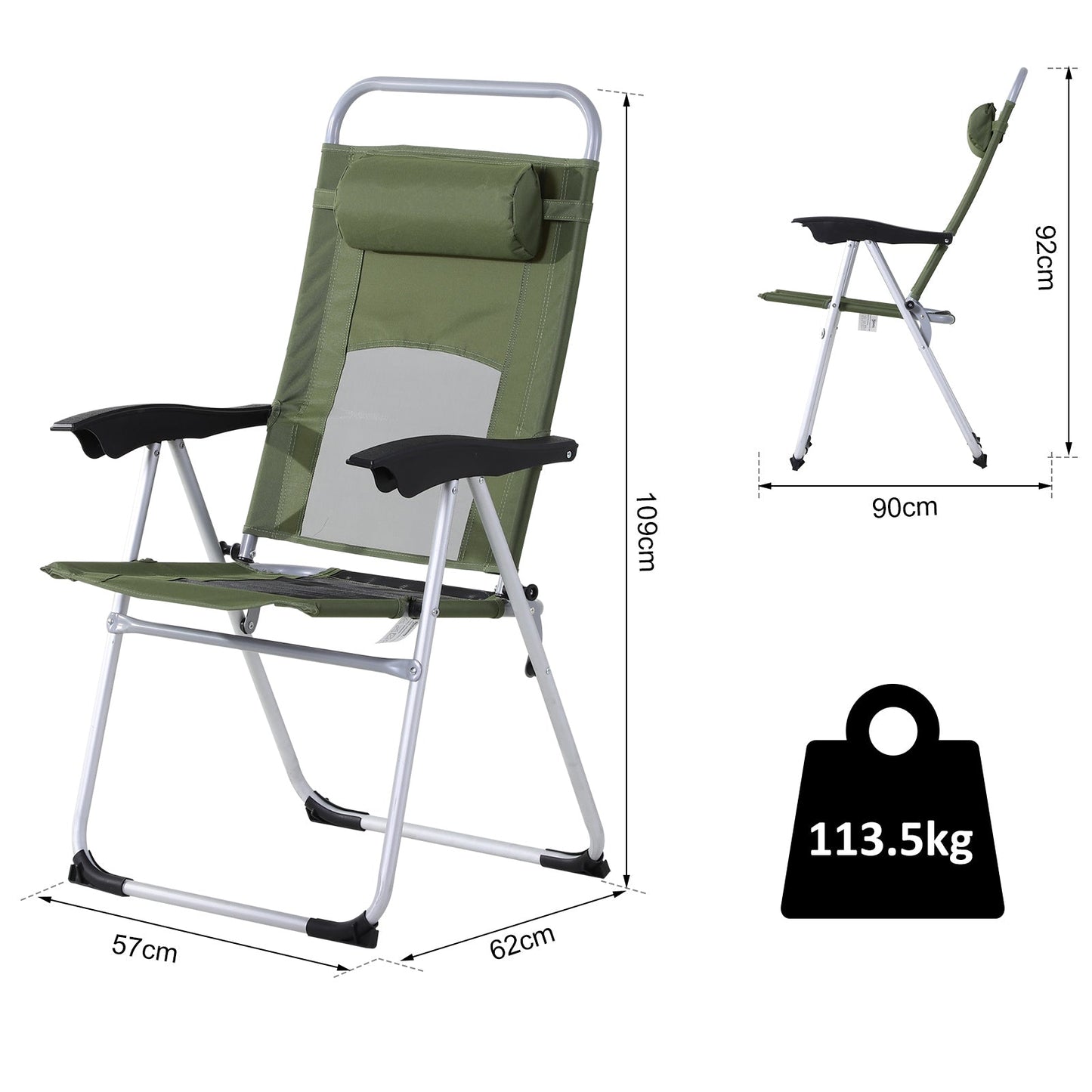 Metal Frame 3-Position Adjustable Outdoor Garden Chair w/ Headrest Green