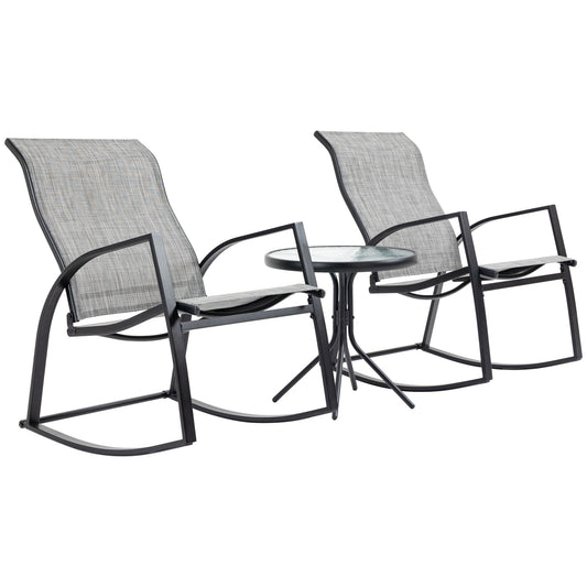 3-Pieces Outdoor Patio Bistro Set w/ 2 Rocking Chairs and Tempered Glass Table for Garden