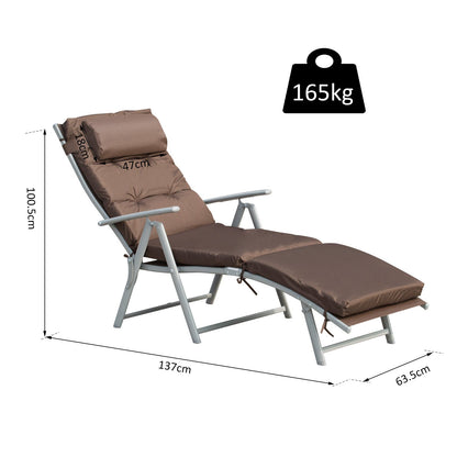 Outdoor Patio Sun Lounger Garden Texteline Foldable Reclining Chair Pillow Adjustable Recliner with Cushion - Brown