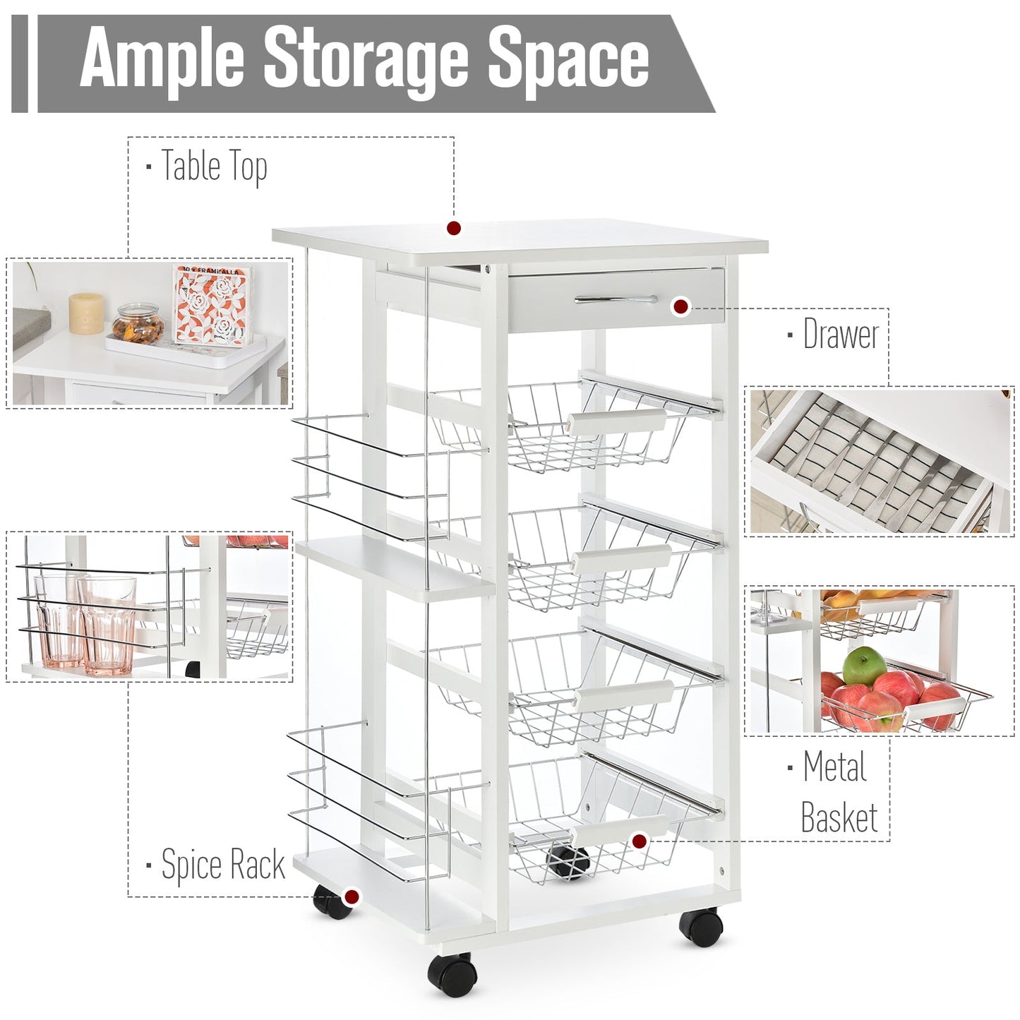 Medium-density fibreboard Multifunction Kitchen Island Trolley White