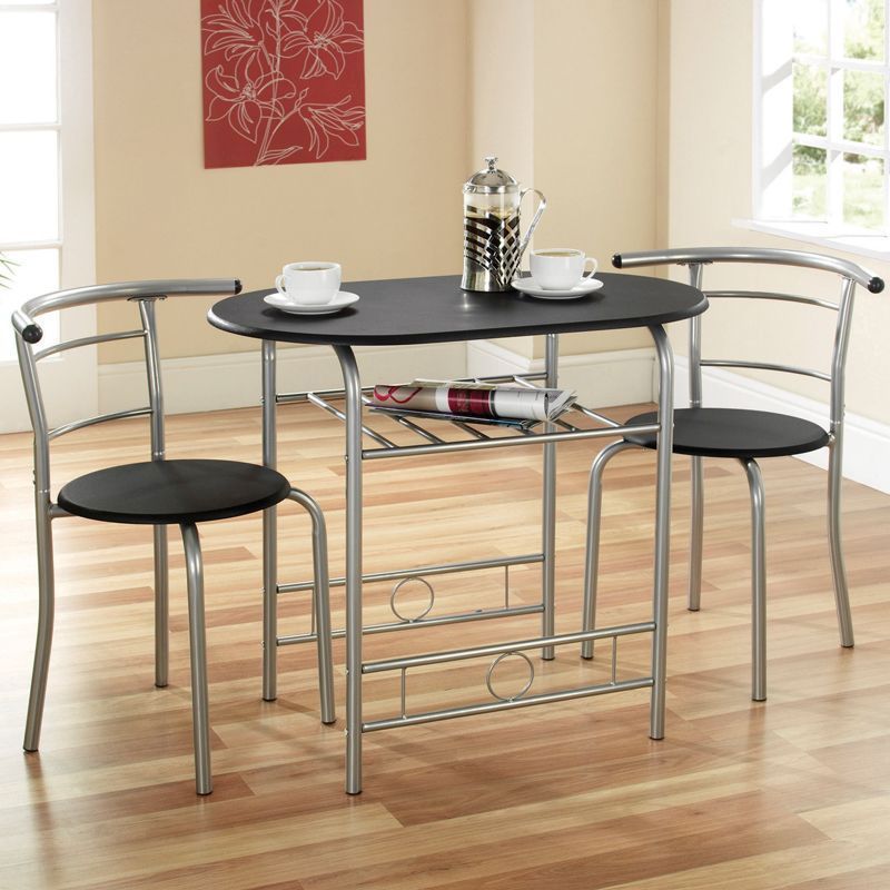 Compact 2 Seater Dining Set Black & Silver With 2 Chairs