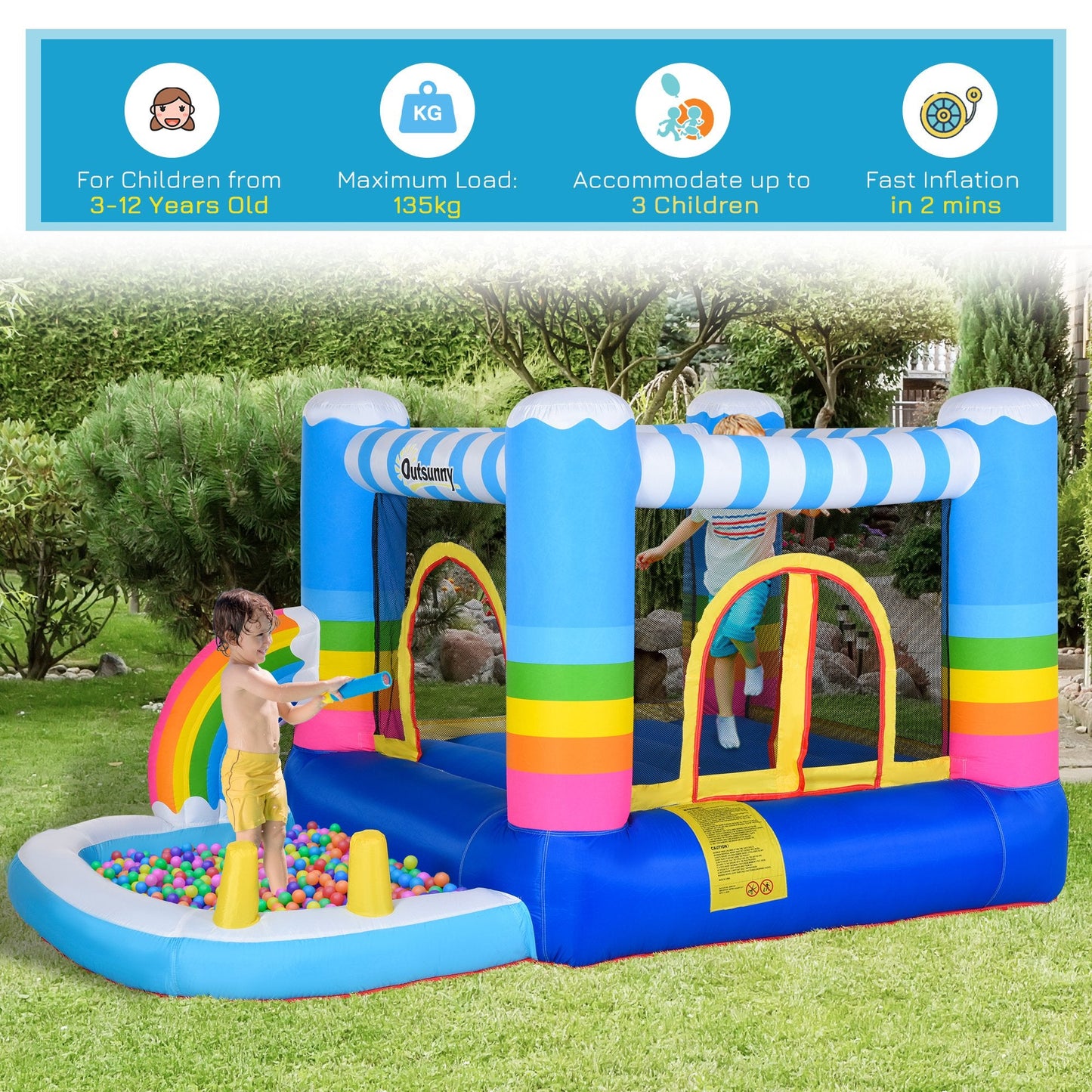 Kids Rainbow Bouncy Castle & Pool House Inflatable Trampoline w/ Blower Pump Outdoor Play Garden Activity Exercise Fun 3-8 Years 2.8 x 1.7 x 1.55m