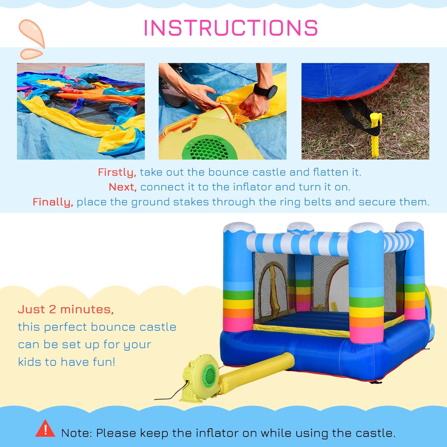 Kids Rainbow Bouncy Castle & Pool House Inflatable Trampoline w/ Blower Pump Outdoor Play Garden Activity Exercise Fun 3-8 Years 2.8 x 1.7 x 1.55m