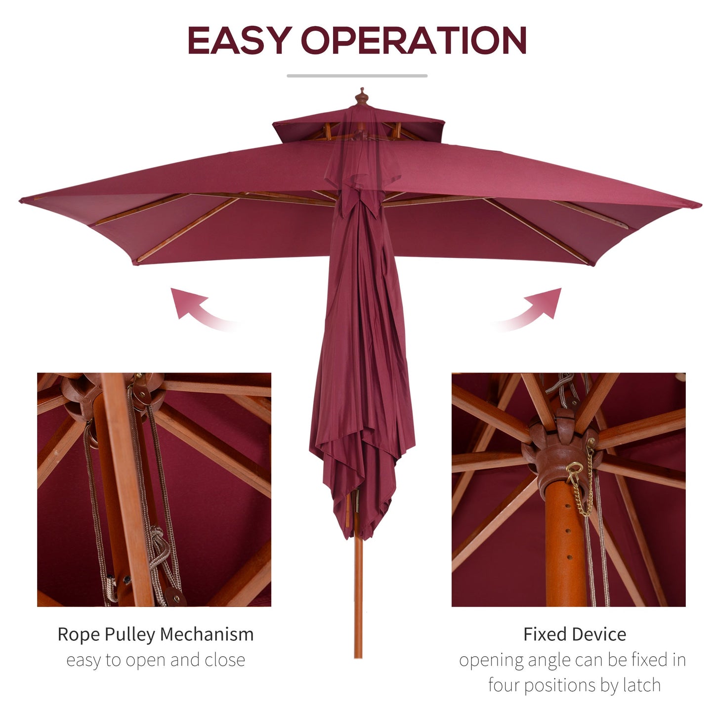 3 x 3 meter Patio Parasol Garden Umbrellas Sunshade Outdoor Wood Wooden Parasol Canopy Double Tier Wine Red