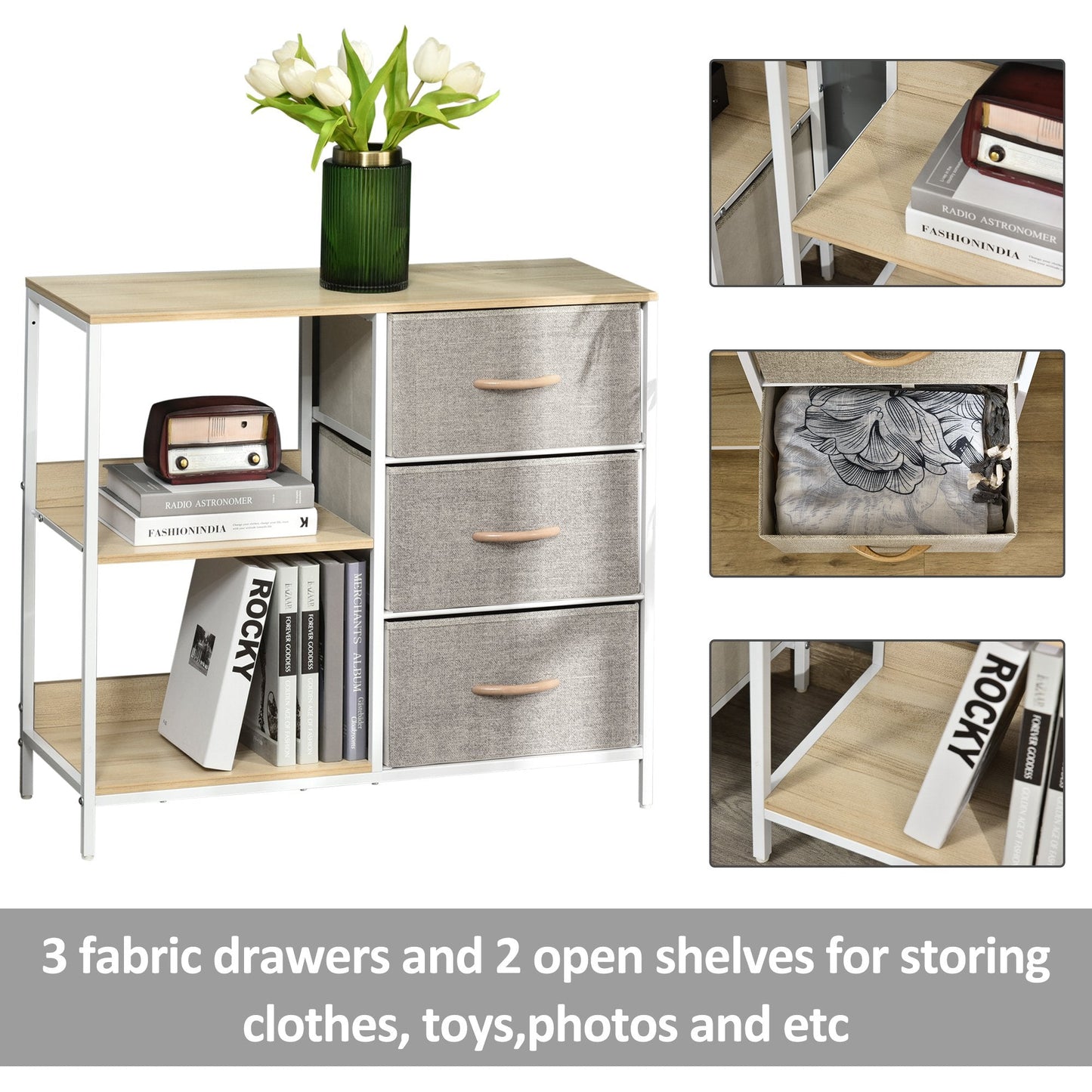 Chest of Drawers Storage Dresser Cabinet Organizer with 3 Fabric Drawers and 2 Display Shelves for Living Room