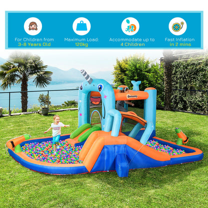 5 in 1 Kids Bounce Castle Narwhals Style Inflatable House with Slide Trampoline Pool Water Gun Climbing Wall with Inflator Carrybag