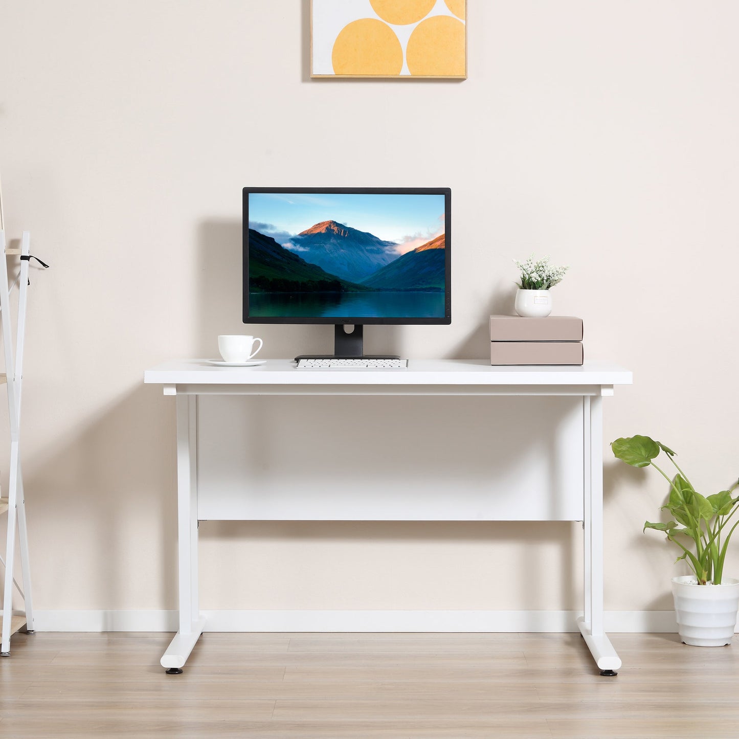 Computer Desk Home Office Desk with 2 Cable Management Holes Metal Legs White