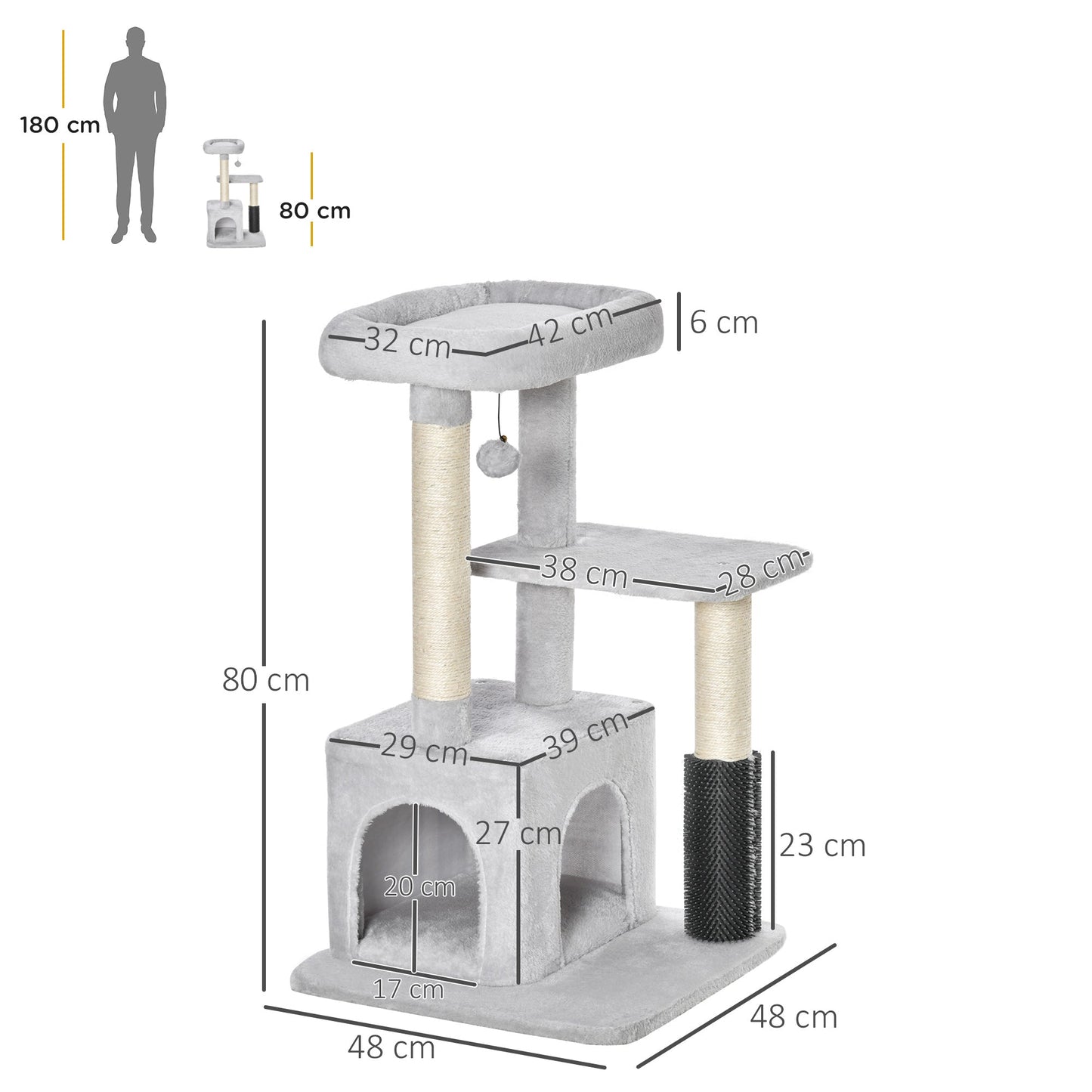 PawHut Cat Tree for Indoor Cats Climbing Tower Kitten Scratch Post Activity Center Kitten with Massage Toy Hanging Ball Bed Condo Perch 48 x 48 x 85cm Grey