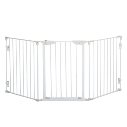 PawHut Pet Safety Gate 3-Panel Playpen Fireplace Christmas Tree Metal Fence Stair Barrier Room Divider with Walk Through Door Automatically Close Lock White