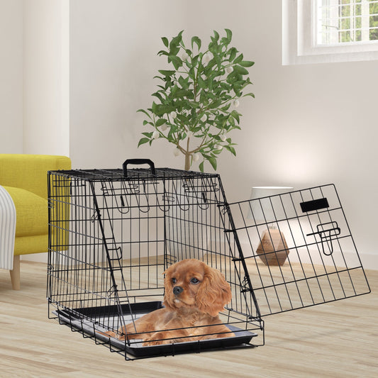 PawHut Metal Dog Car Crate Folding Pet Cage Transport Box Carrier for Small Dog with Removable Tray 77 x 47 x 55cm